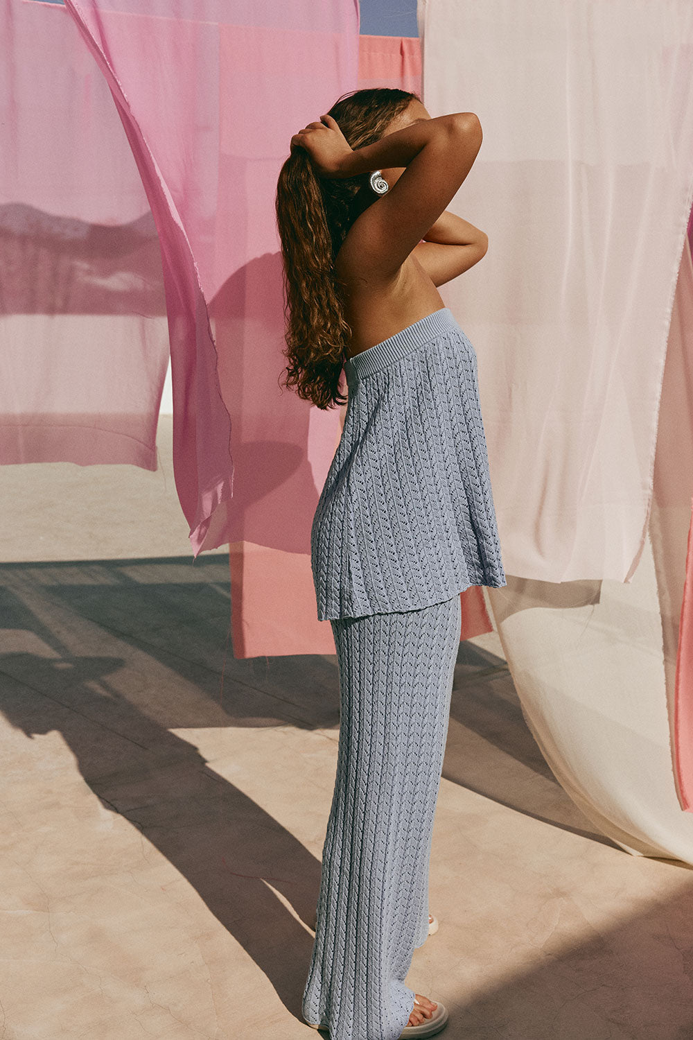 Blue Pointelle Knit Strapless Athena Top