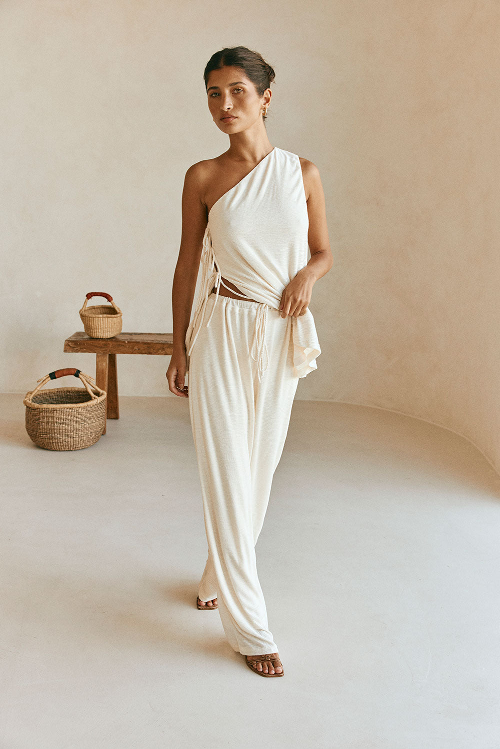 Cream High Waist Elastic Drawstring Zen Pants