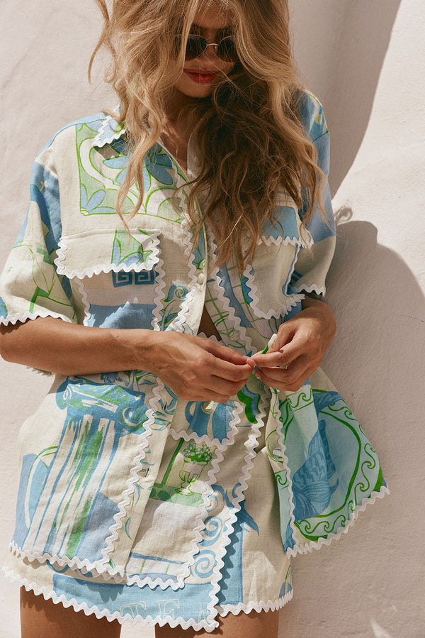 Blue Theotokos Ocean Button Up Collar Diaz Top