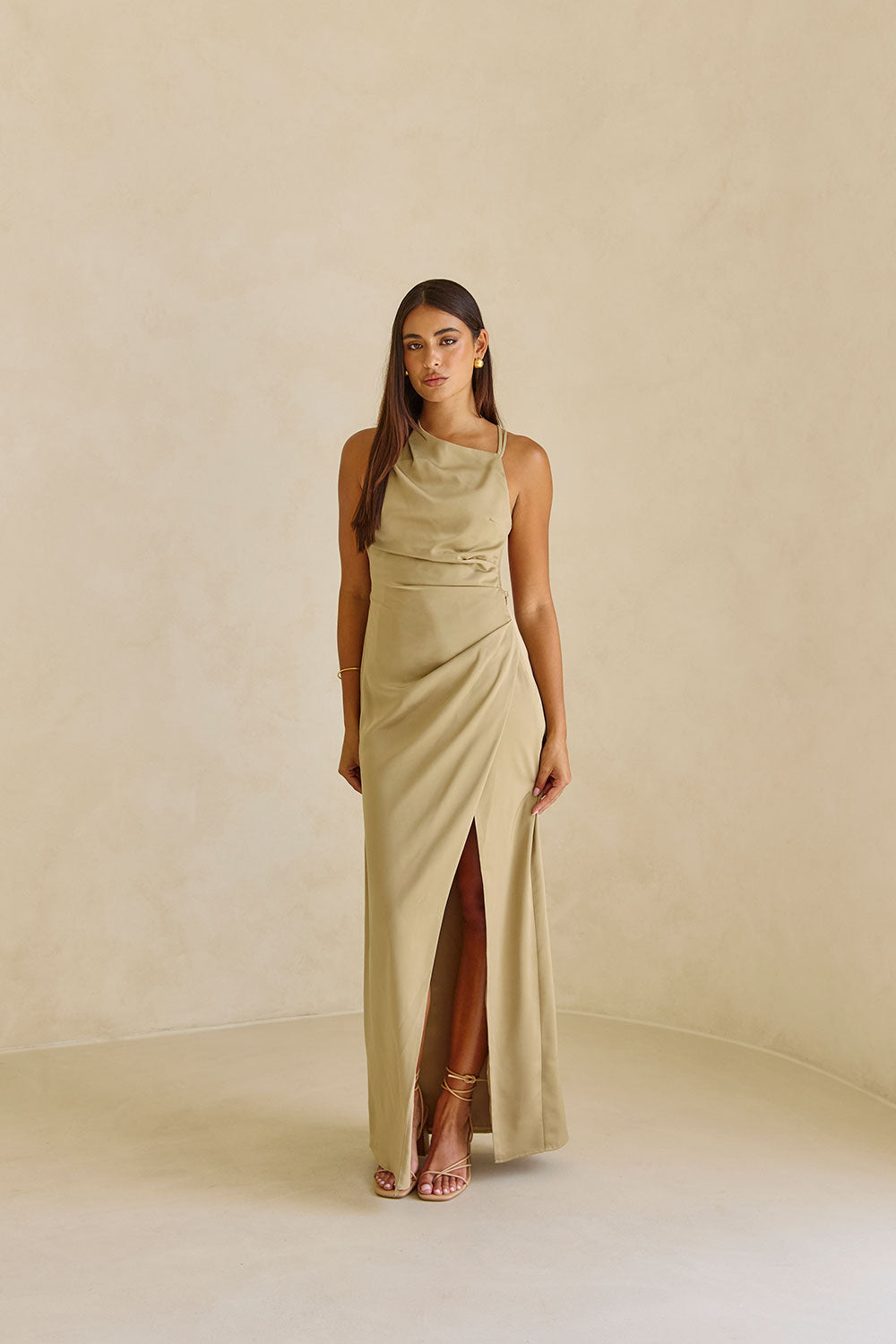Green One Shoulder Ruched Backless Maxi Rianna Dress