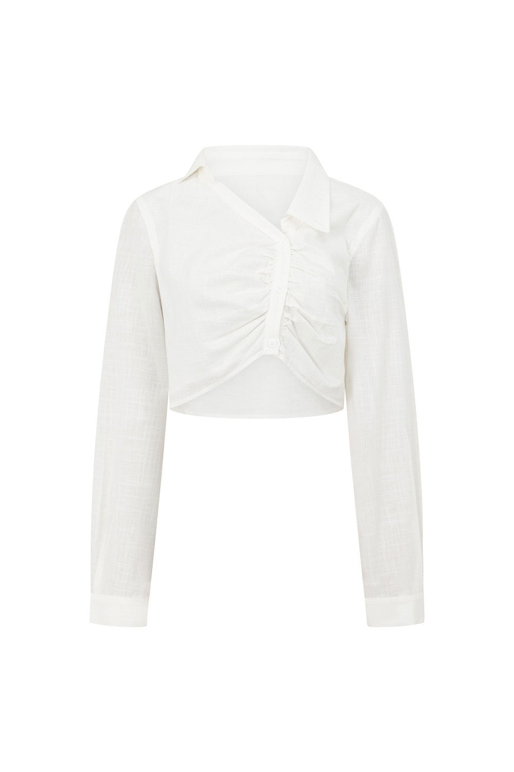 White Long Sleeve Button Up Collar Cori Crop Top