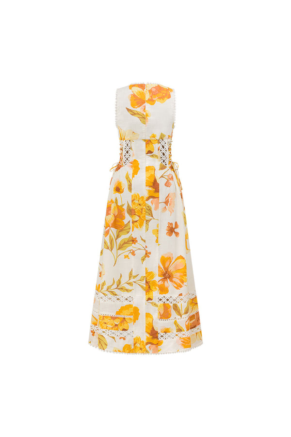 White Agalia Floral Print V Neck Maxi Clover Dress