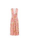 Pink Florero Print V Neck Midi Mira Dress