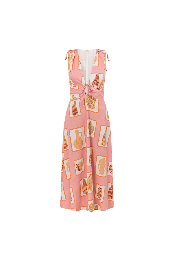 Pink Florero Print V Neck Midi Mira Dress