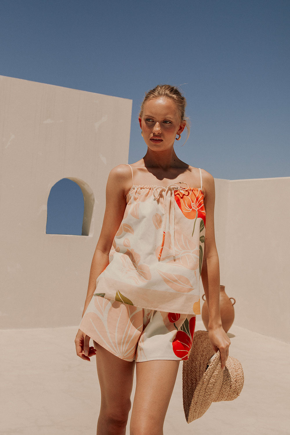 Jetta Thin Strap Tie Top - Petal Scarf, Pink, White, Orange