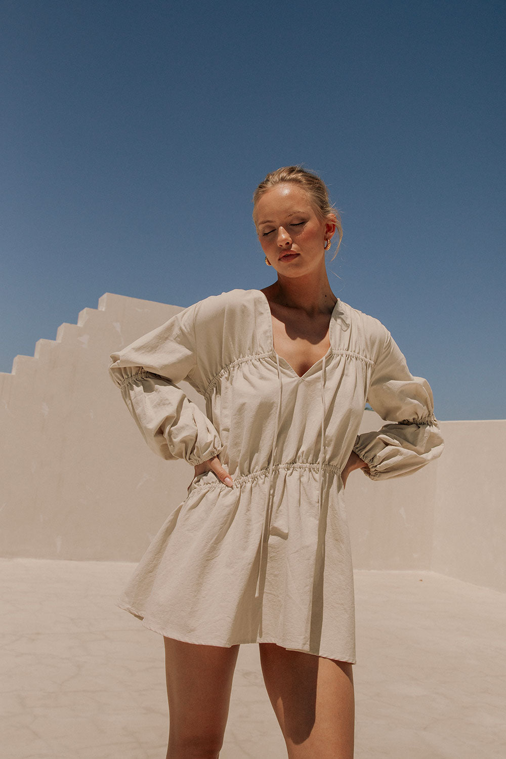 Ava Flounce Long Sleeve Mini Tie Dress - Beige