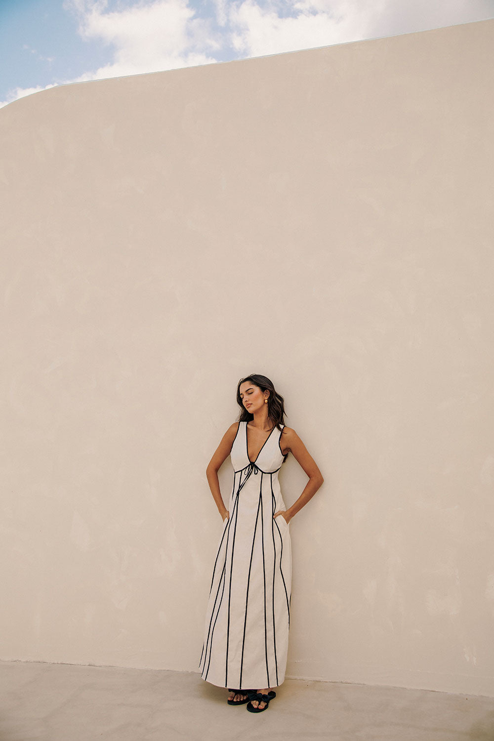 Maylin V Neckline Tie Maxi Dress - Cream, Black