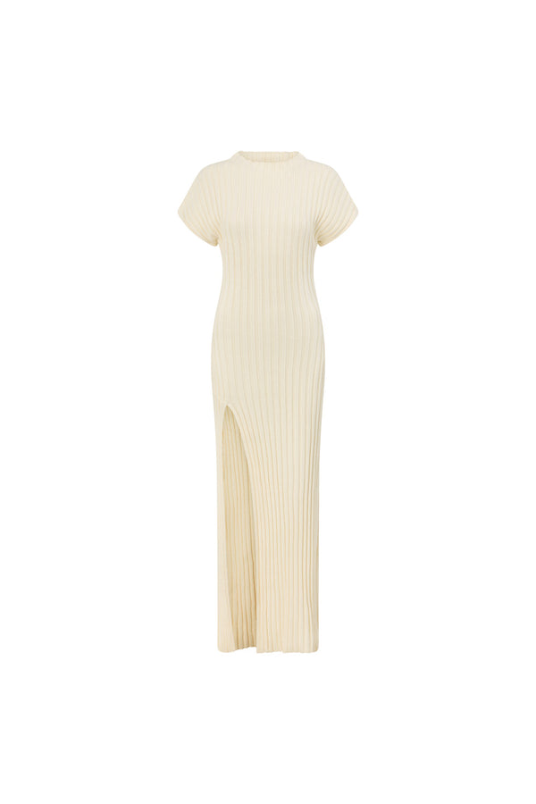 Cream High Neck Short Sleeve Split Maxi Gemini Dress
