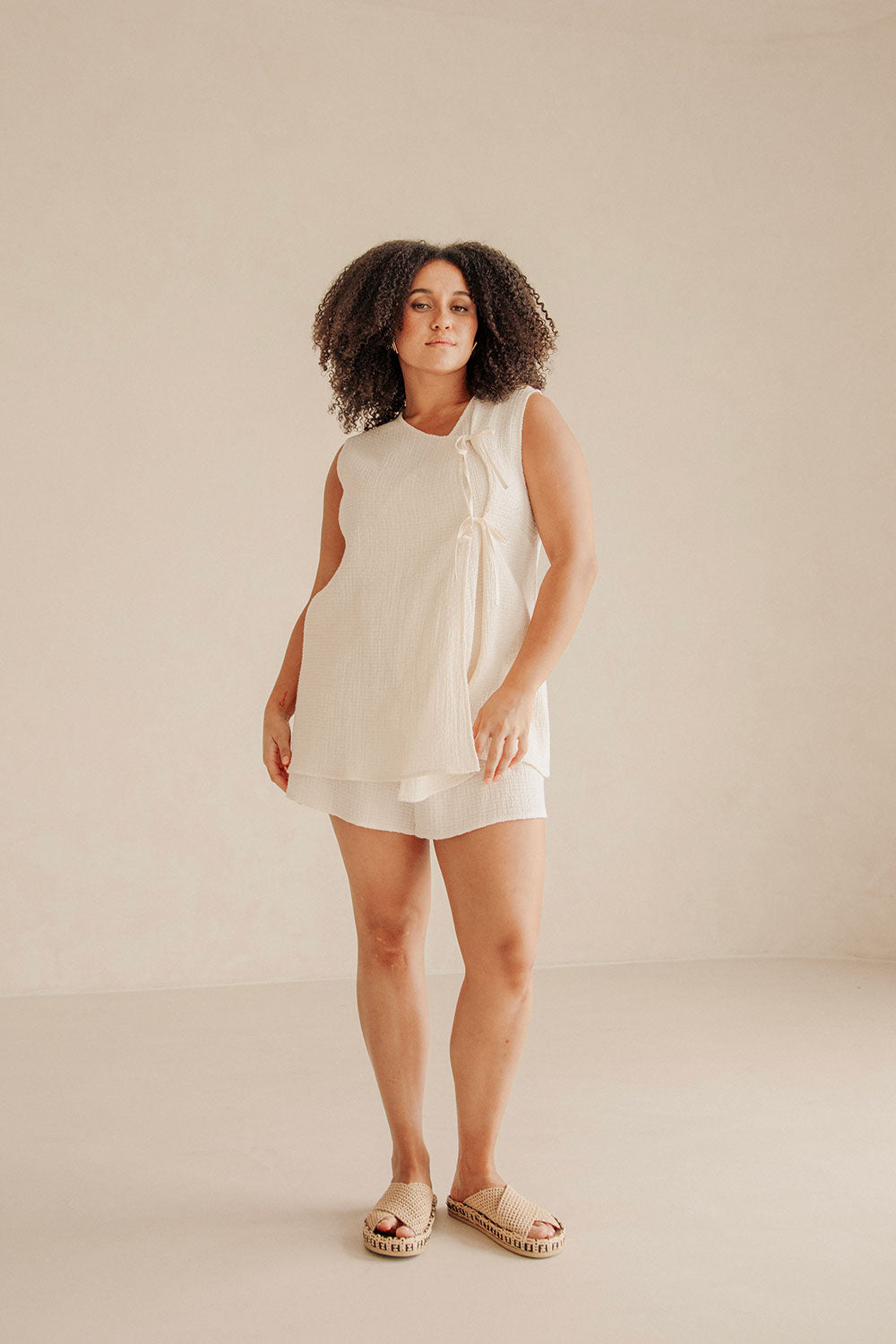 Cream Cotton V Neck Boxy Wrap Ciel Top