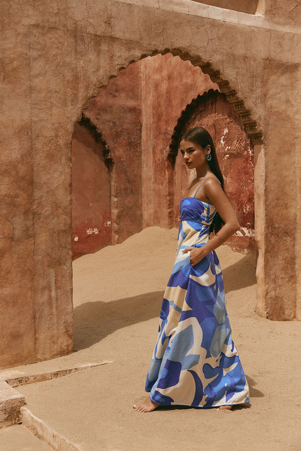 Valley Blue Print Strappy A Line Maxi Tasmin Dress