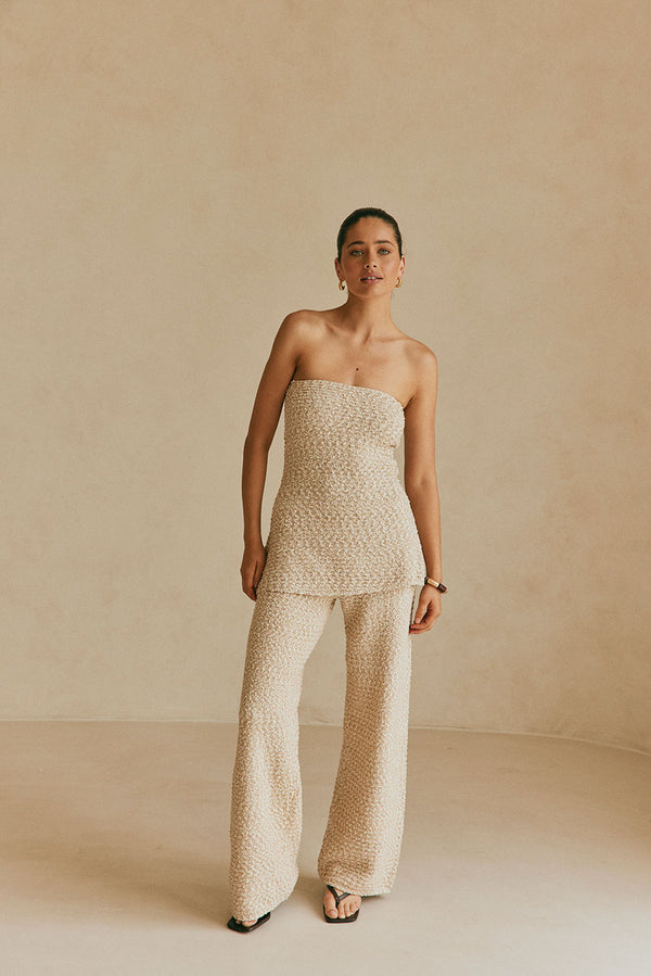 Brown and White Knit Strapless Backless Soha Top