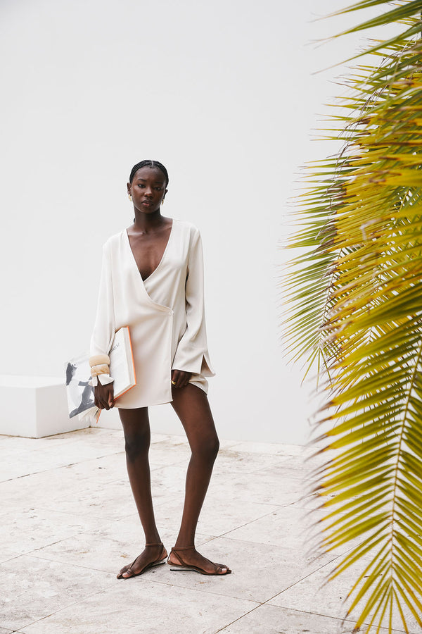 Beige Long Sleeve Mini Wrap Asoka Dress