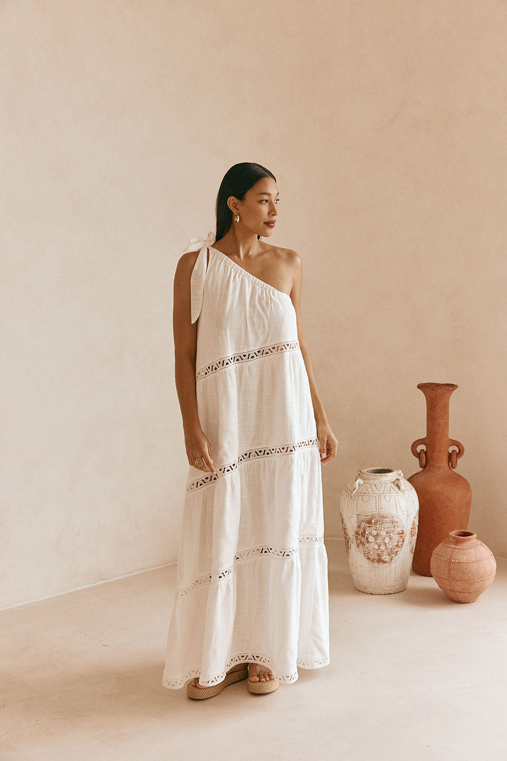 White Cotton One Shoulder Flouncy Maxi Juliette Dress