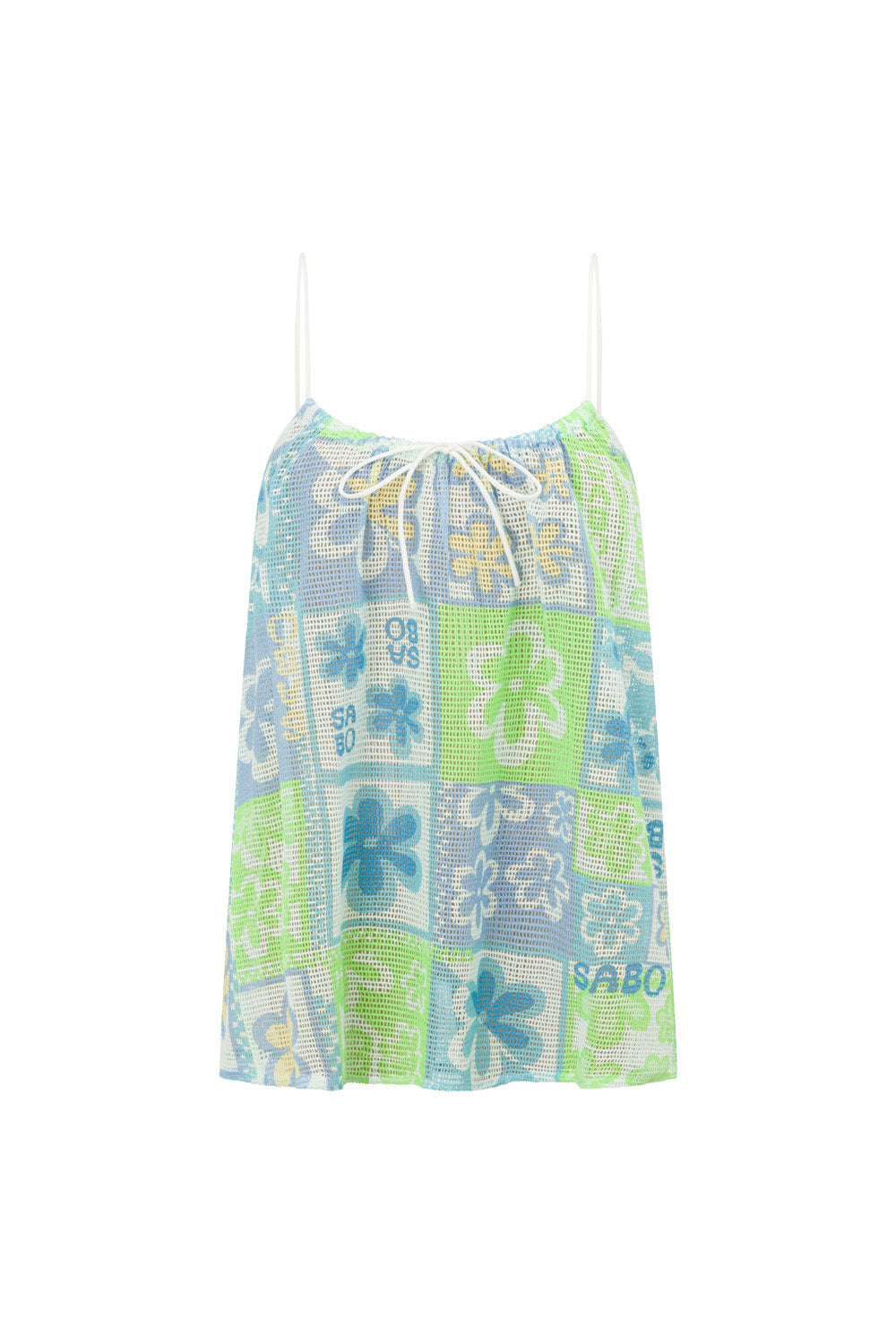 Alani Mesh Thin Strap Top - Verano Floral, Postcard, Blue, Green, White, Yellow