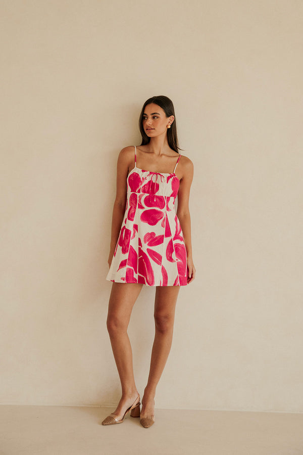 Tiana Thin Strap Mini Dress - Pink, White Ada Floral Print