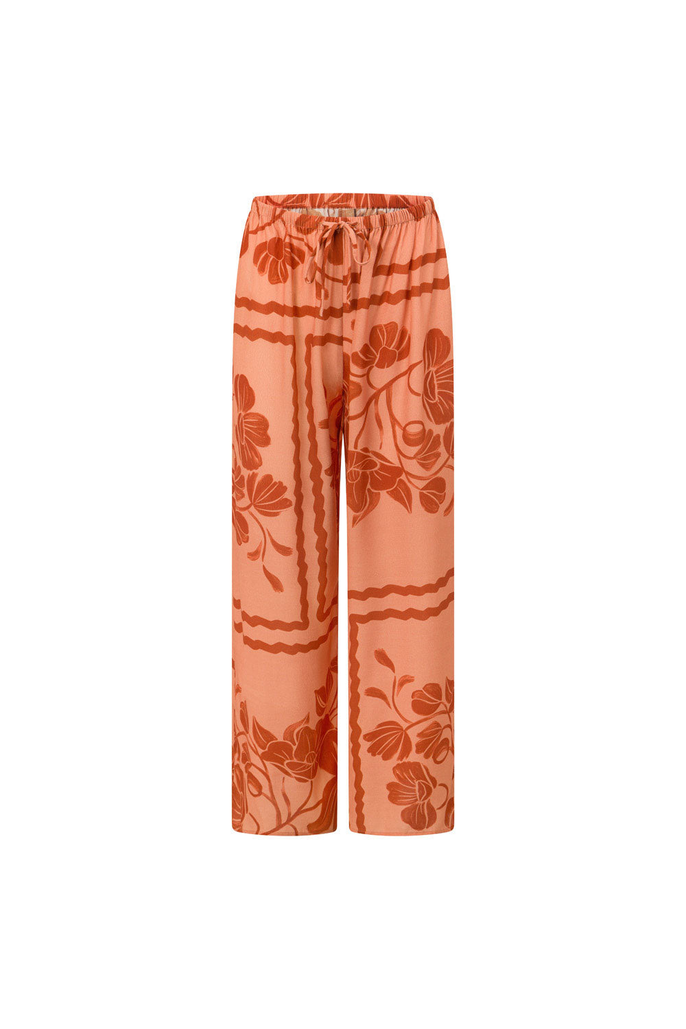 Alani Elasticated Tie Pants - Fiore Postcard Print in Coral Pink and Red