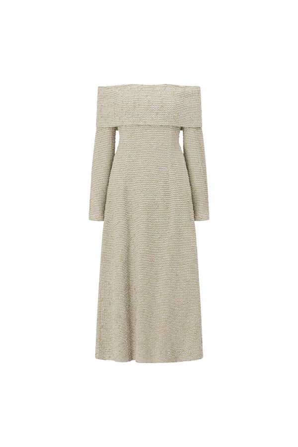 Tan Boucle Off Shoulder Maxi Poppy Dress