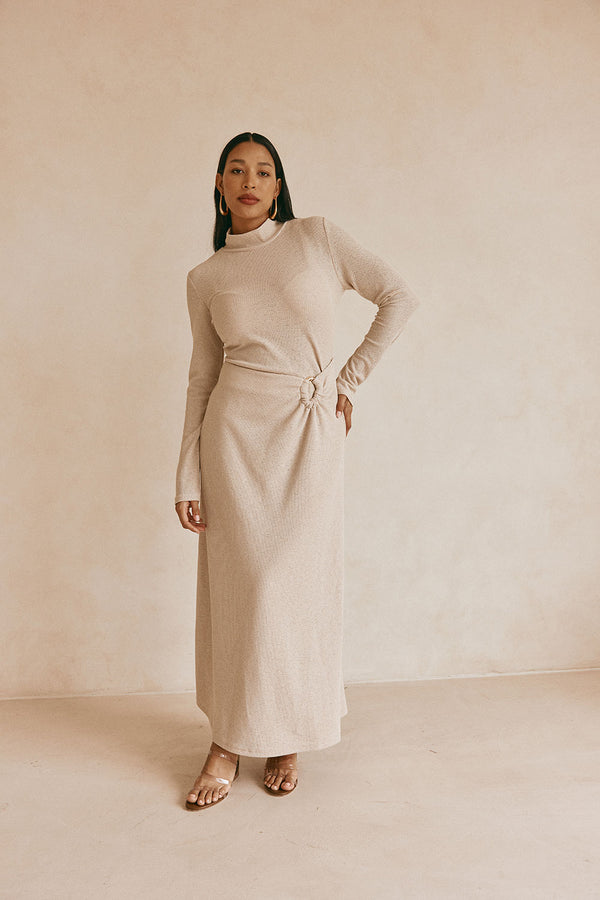 Beige High Neck Long Sleeve Fitted Maxi Simone Dress