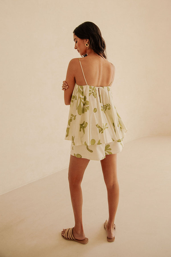 White And Green Floral High Waist Pocket Ali Shorts