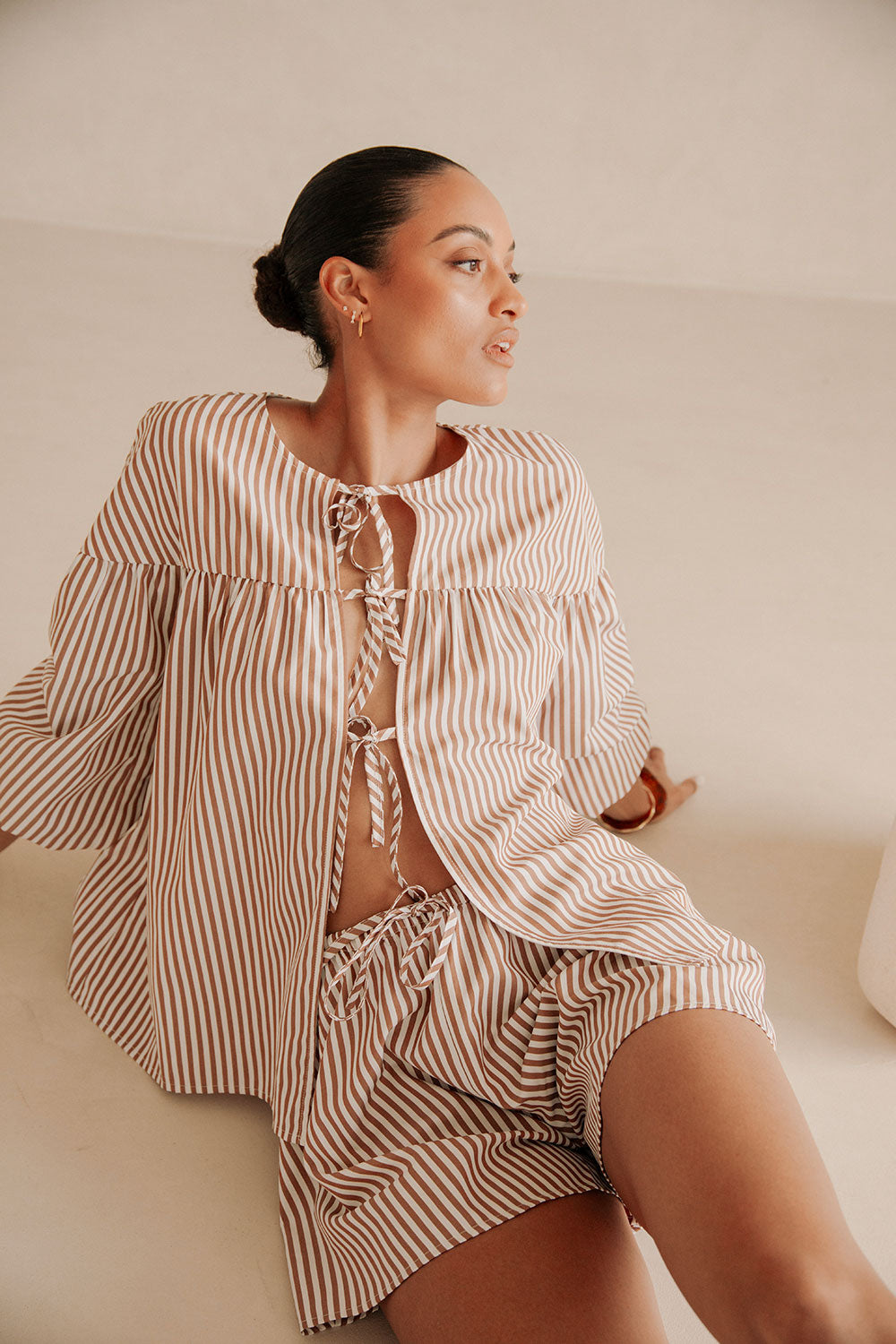 Pennie Long Sleeve Tie Top - Brown, White Stripe