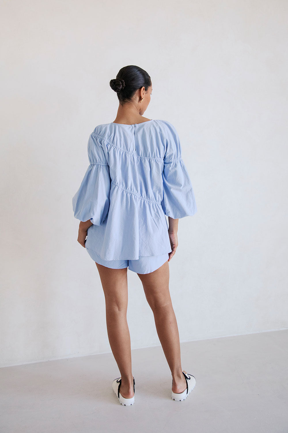 Blue Long Sleeve Panelled Flounce Akel Top