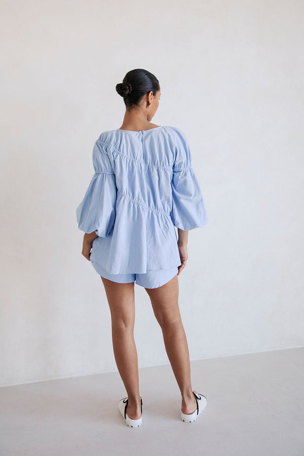 Blue Long Sleeve Panelled Flounce Akel Top