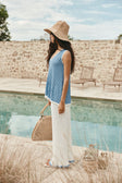 White and Blue Ribbed V Neck Silla Top