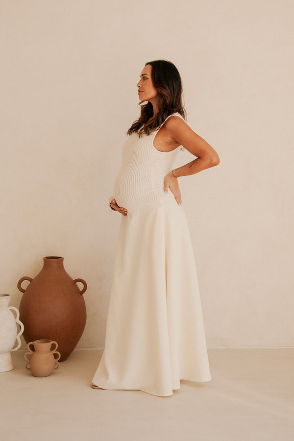 Cream Ribbed Round Neck Flowy Maxi Bryce Dress