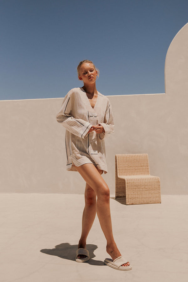 Beige Boxy Button Up V Neck Malia Dress