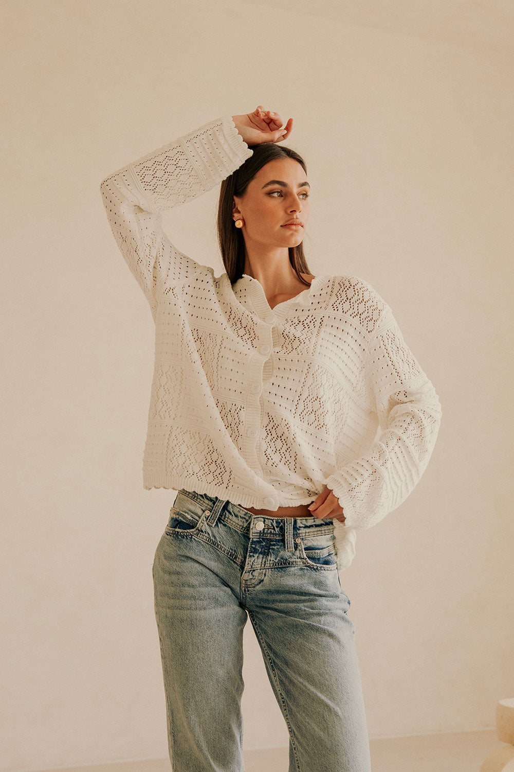 White Knit Long Sleeve Button Up Martina Top