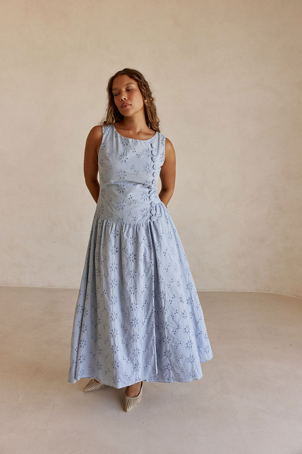 Blue Broderie Button Maxi Odessa Dress