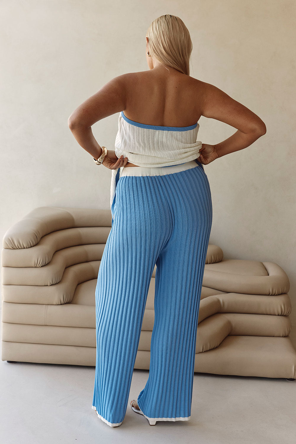 White and Blue Ribbed High Waist Winnie Pants