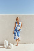 Blue Ada Flora Print V Neck A-Line Midi Mira Dress