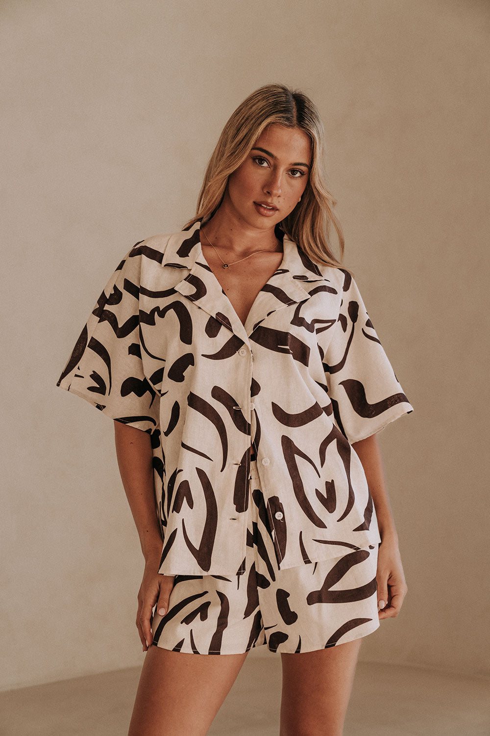 Cream Floral Fleur Lines Print Button Up Seona Top