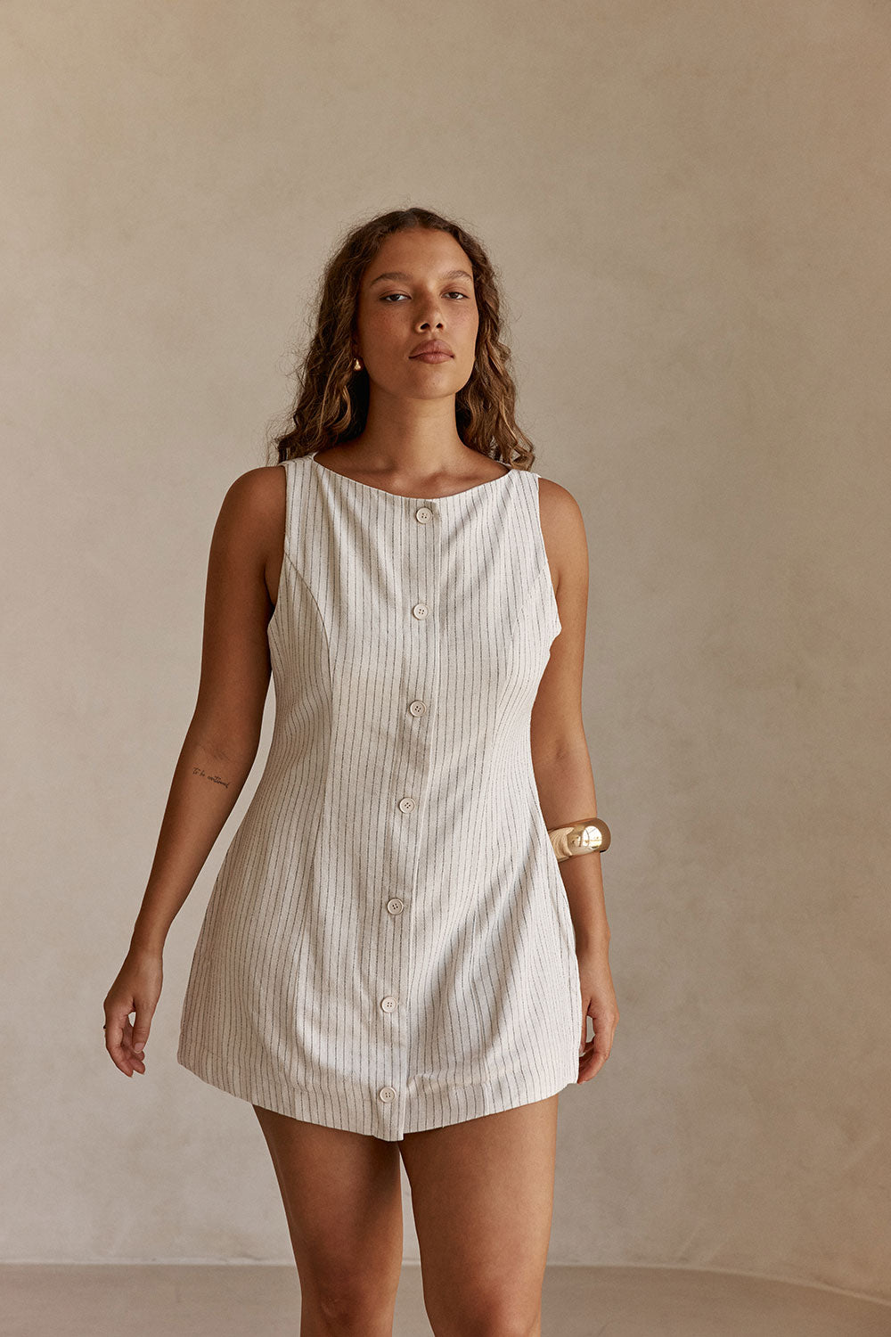 Beige and Black Pinstripe Button Mini Graylee Dress