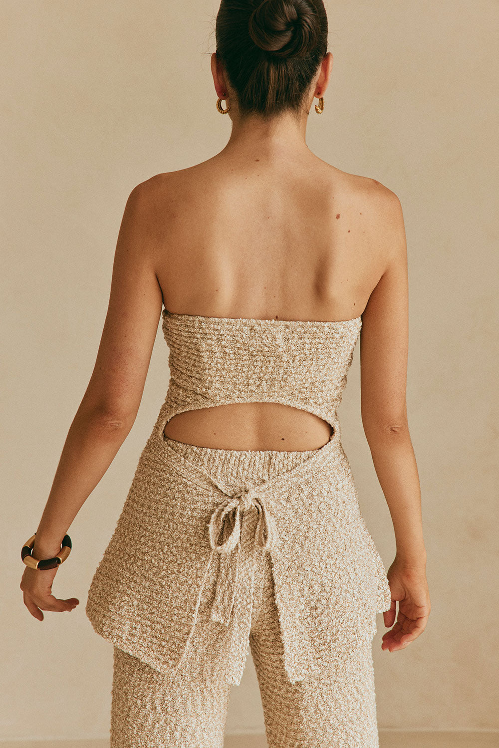Brown and White Knit Strapless Backless Soha Top