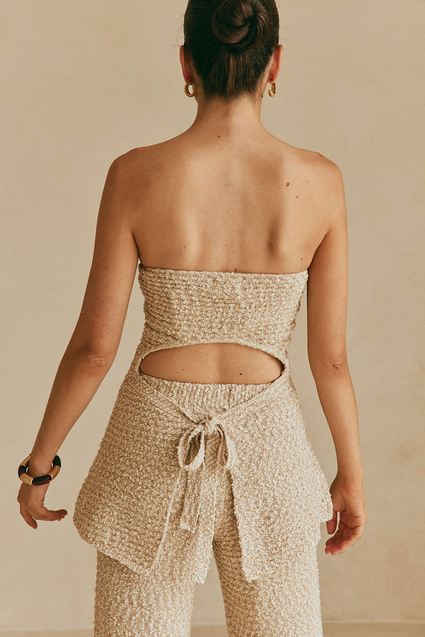Brown and White Knit Strapless Backless Soha Top