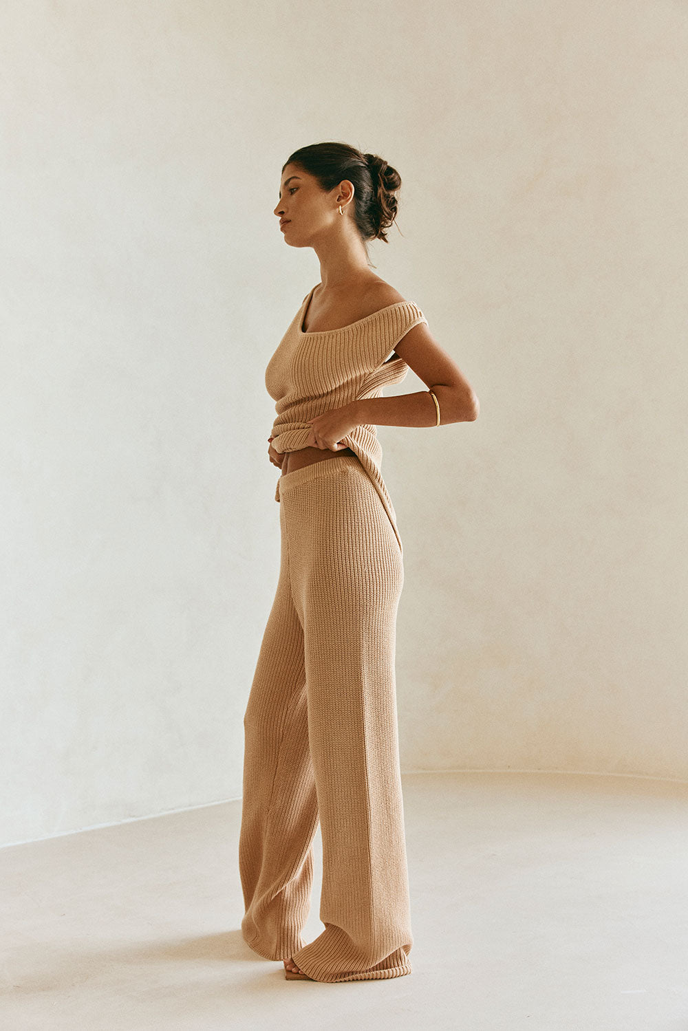 Tan Knit High Waist Elastic Sienna Pants