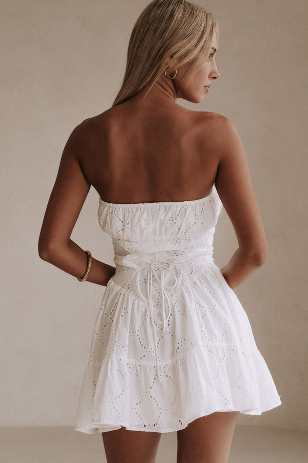 White Strapless Front Tie Mini Mairi Dress