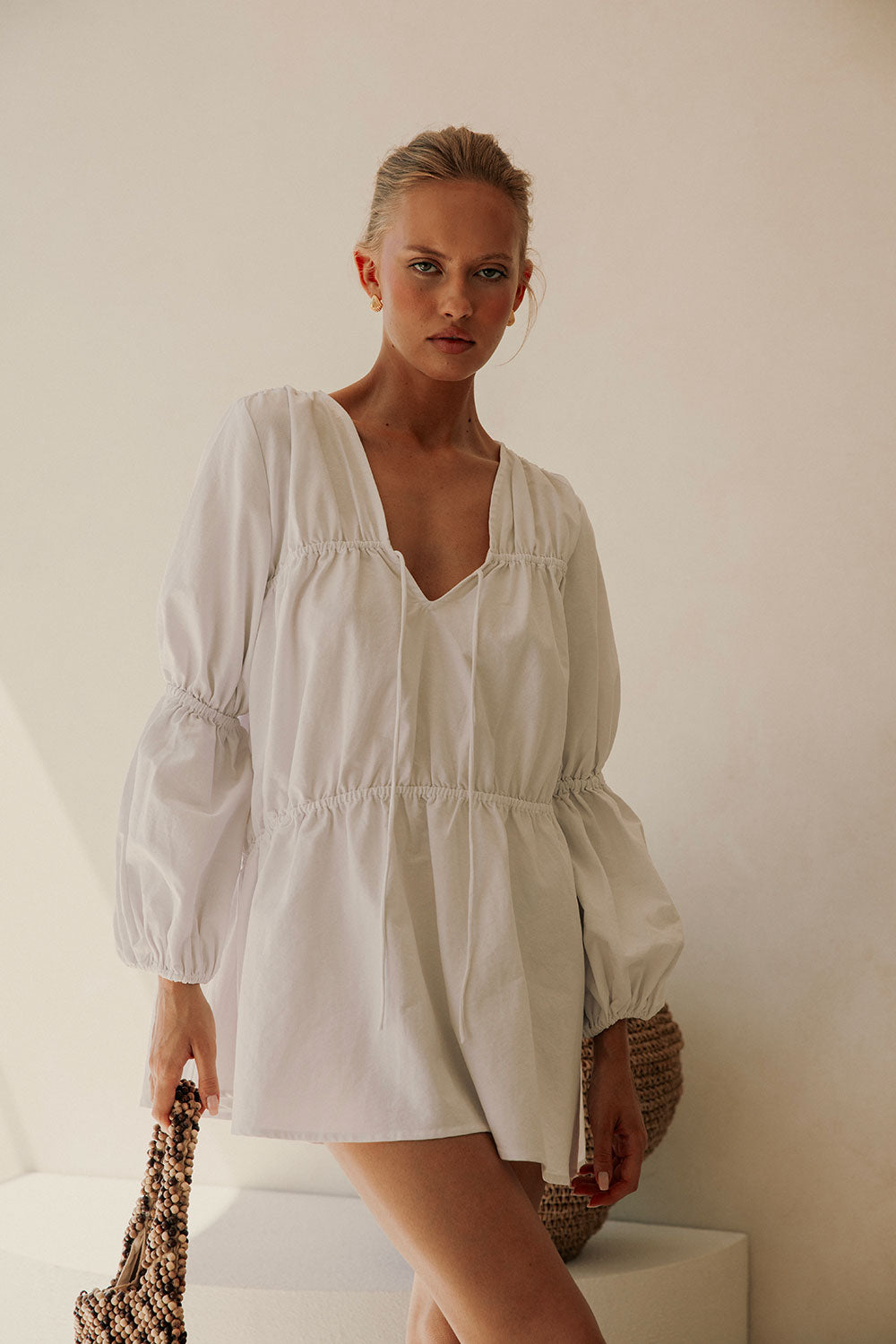 White 3/4 Sleeve Ruched Mini Ava Dress