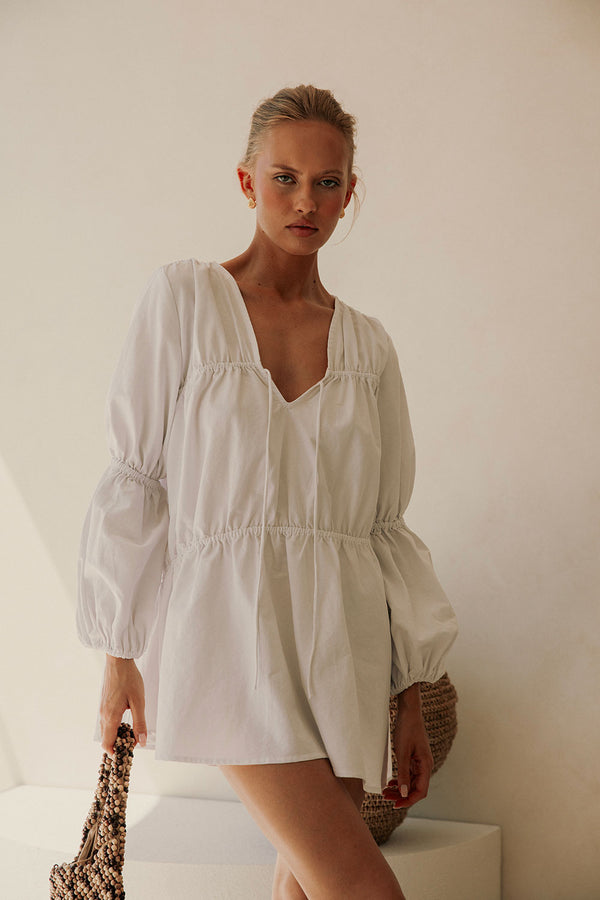 White 3/4 Sleeve Ruched Mini Ava Dress