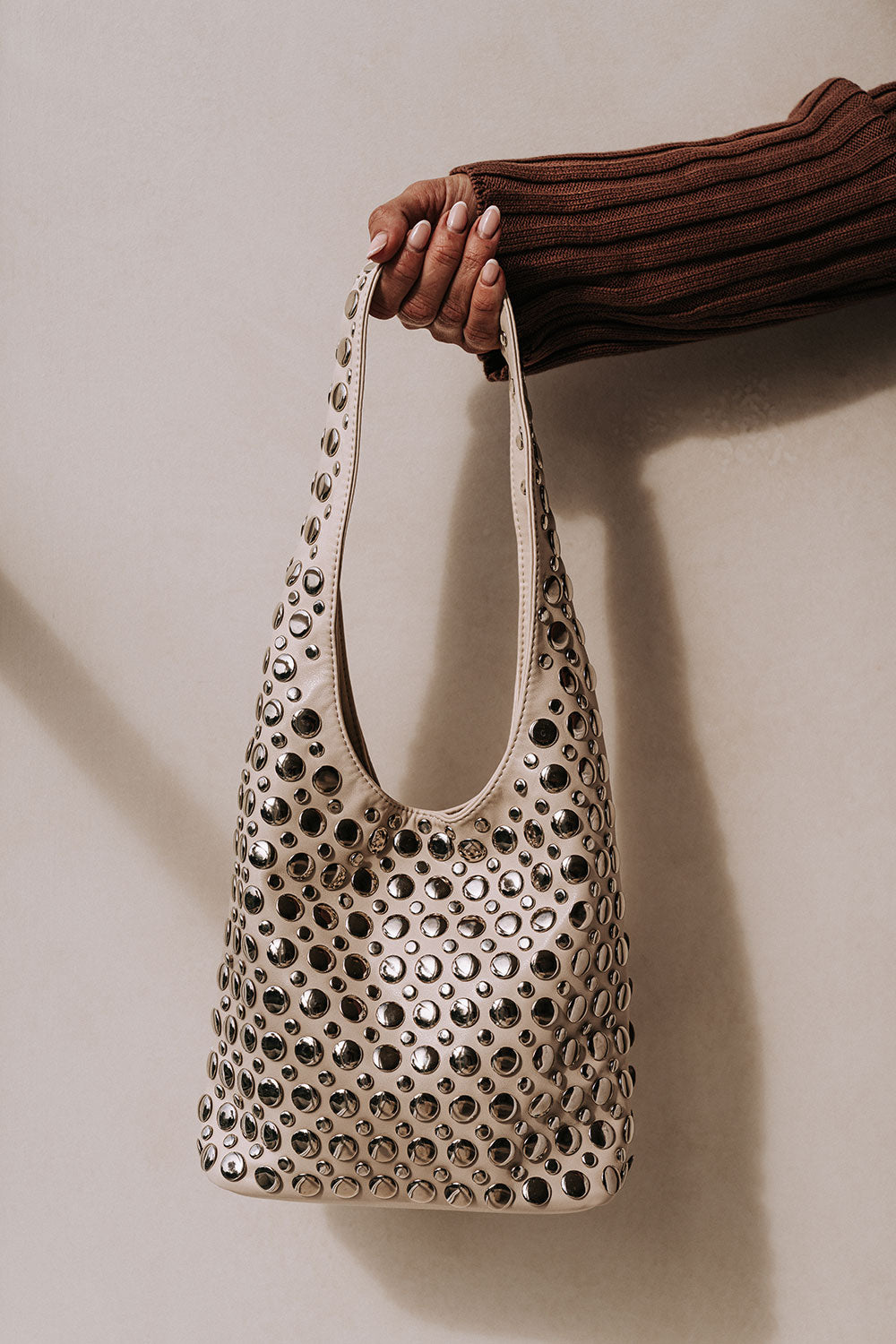 Beige Shoulder Silver Studded Hanna Bag 