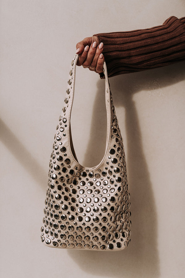 Beige Shoulder Silver Studded Hanna Bag 