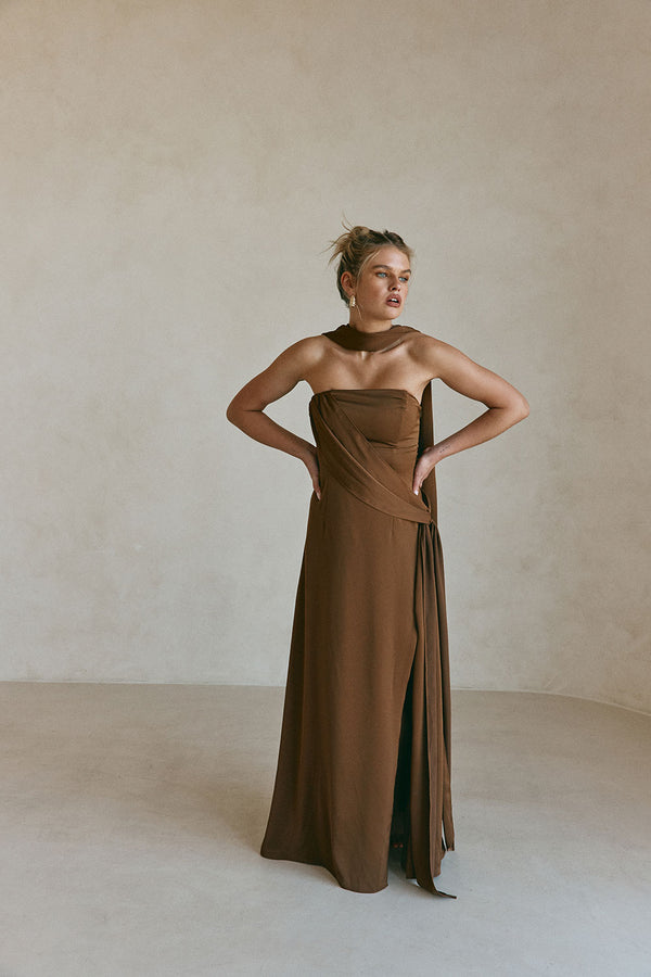 Chocolate Brown Silky Strapless Maxi Eclair Dress