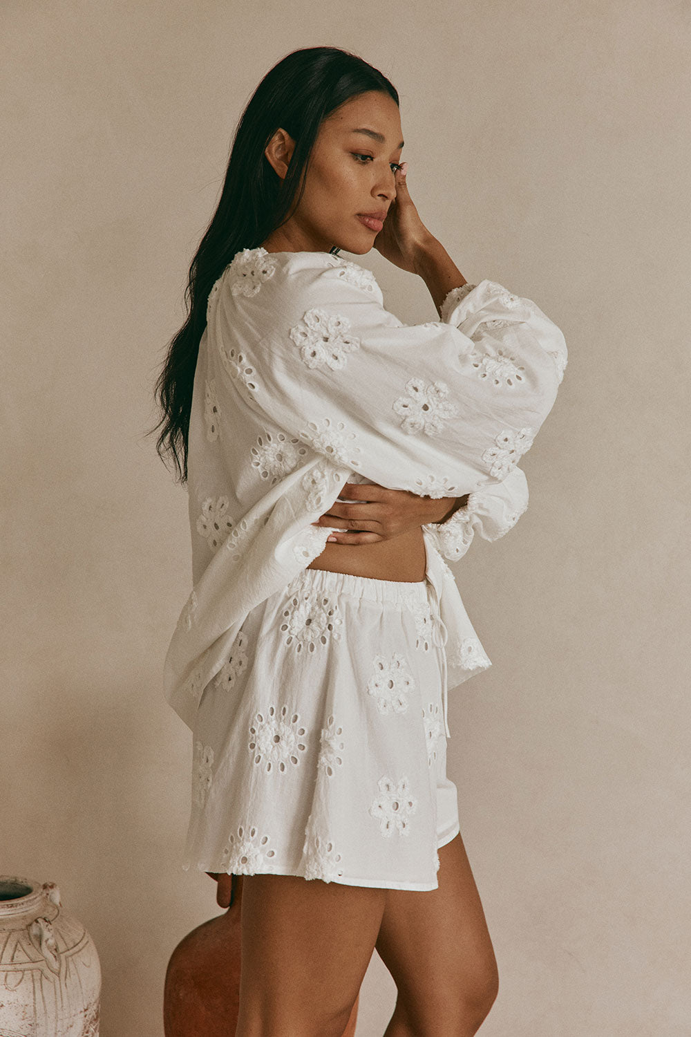 White Broderie Elastic Drawstring Aveline Shorts