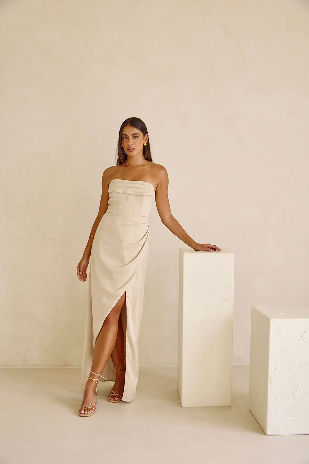 Champagne Strapless Ruched Midi Pela Midi Dress