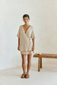 Tan Short Sleeve Button Reims Top