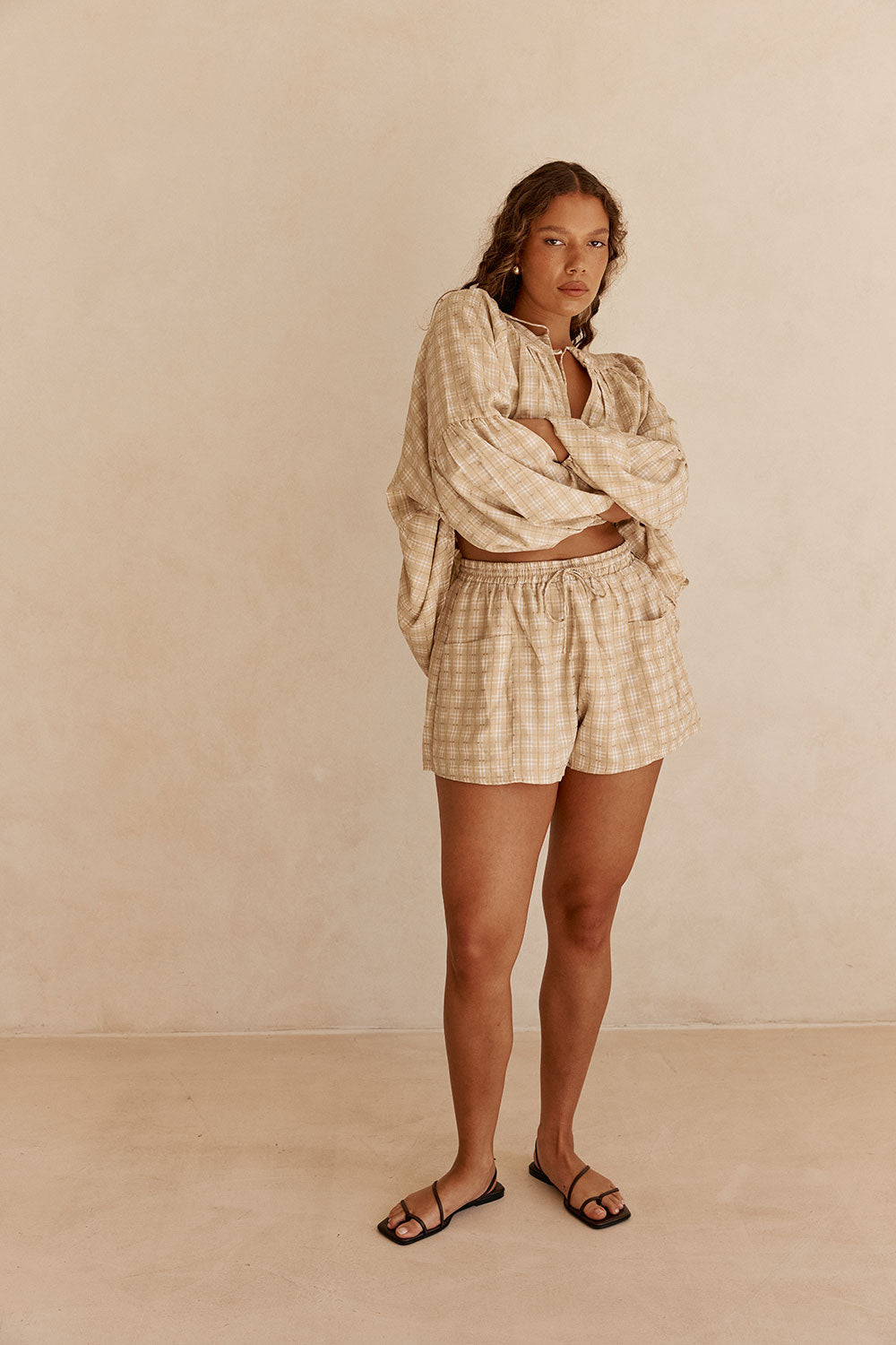Khaki Gingham Elastic Drawstring Rylia Shorts