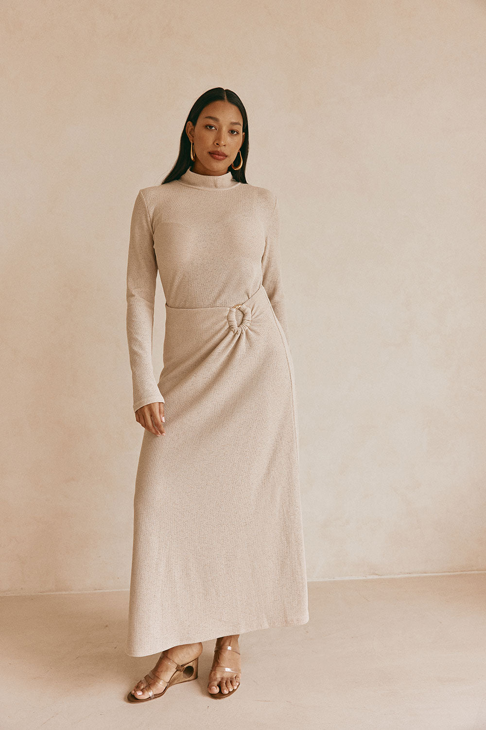 Beige High Neck Long Sleeve Fitted Maxi Simone Dress
