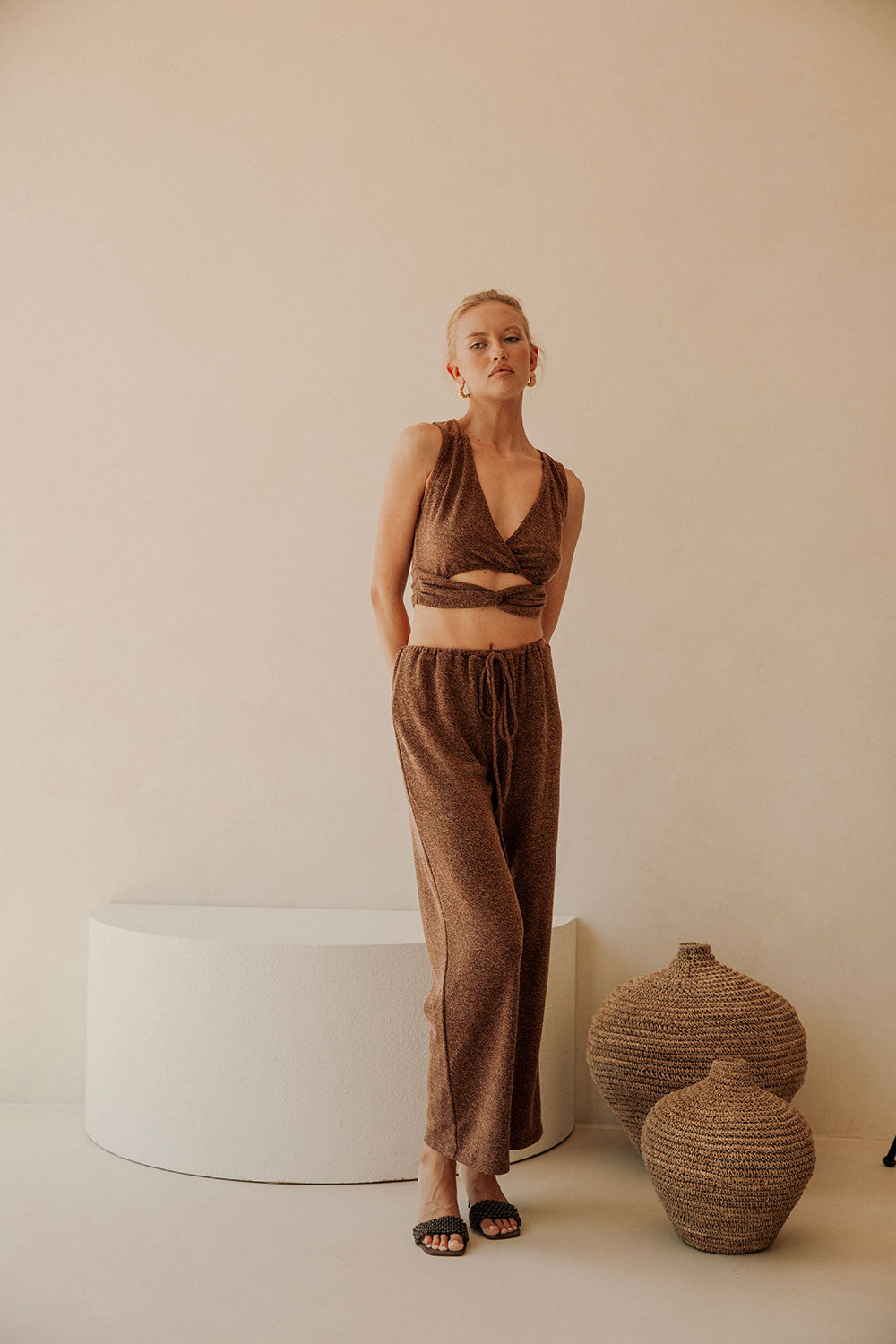 Brown Plunge V Neck Cutout Wrap Crop Sierra Top